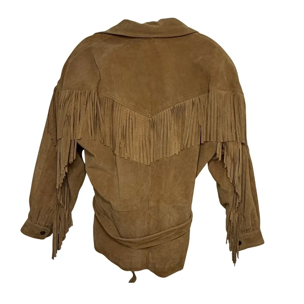 L.A. Studio Suede Fringe Zip Front Tie Belt Jacket Tan Western Boho‎ Festival S - Picture 16 of 16